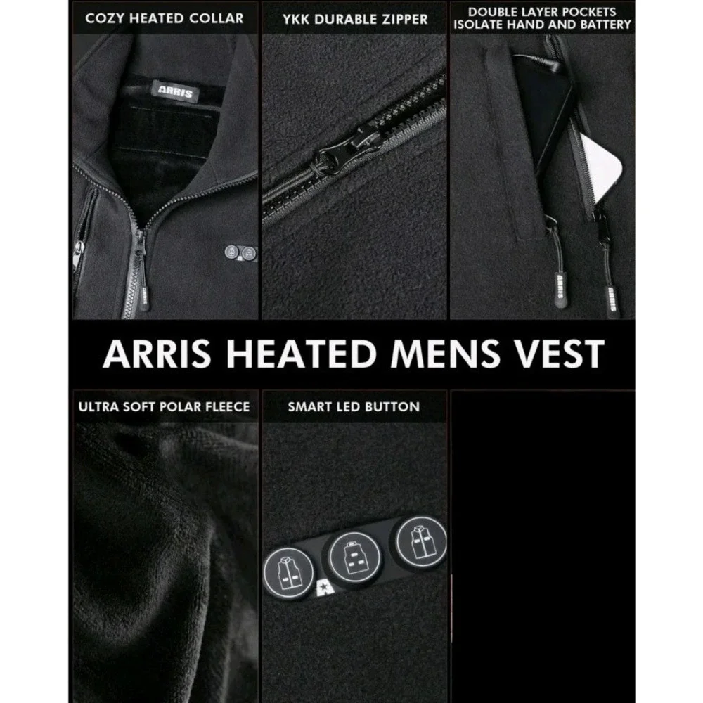 NEW ARRIS Unisex Fleece 7.4V Heated Vest W Battery Pack Adjustable Sizing‎ Black